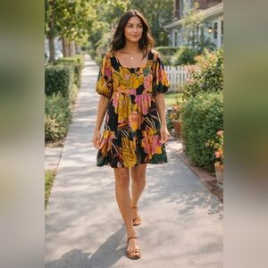 Bucket List Floral Mini Dress Puff Sleeve Boho Babydoll Black Pink Made in USA S